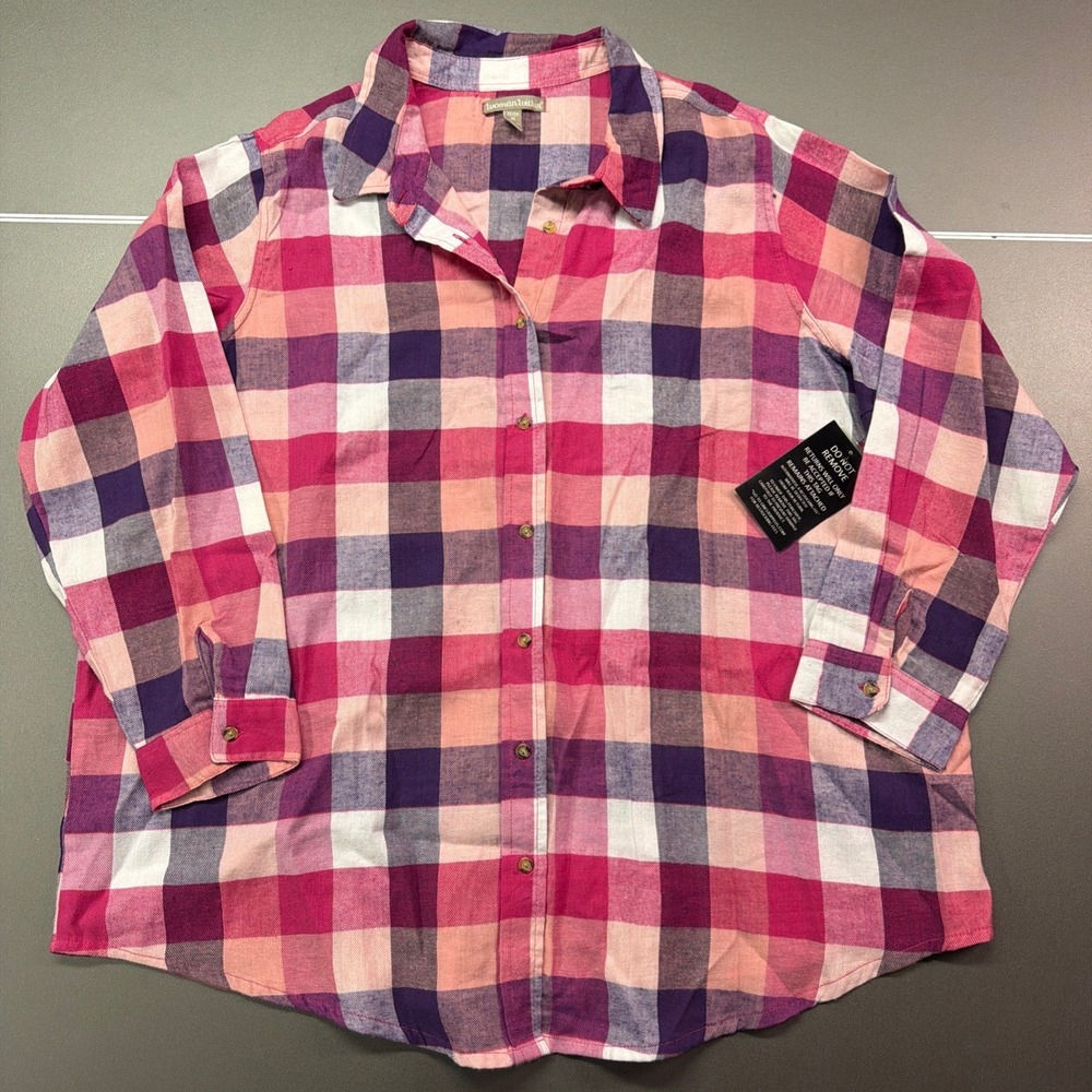Woman Within Plaid Button Front Shirt Size 1X 22/24 Pink Purple White NWT